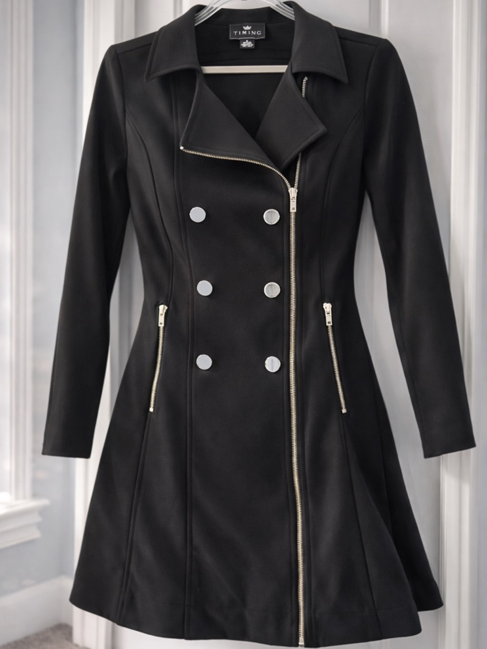 Black Double-Breasted Moto Coat with Gold Zippers